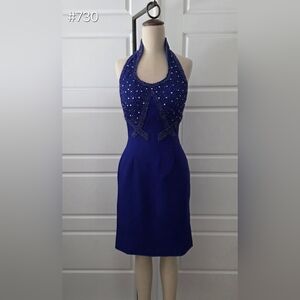 Royal Blue Silk Beaded Sleeveless Mini Formal Dress